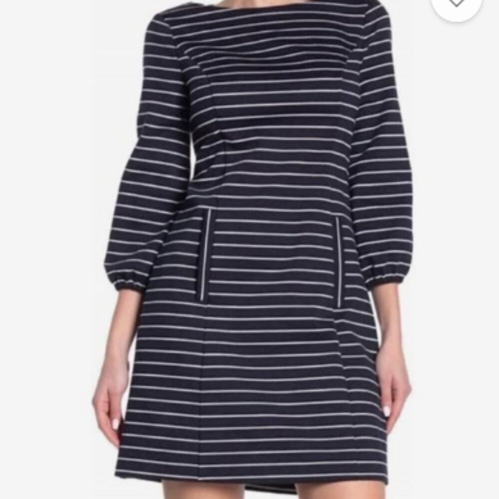 ELIZA J Boatneck Long Sleeve Stripe Cut-Out Back Knit Shift Dress, Navy - Picture 4 of 4